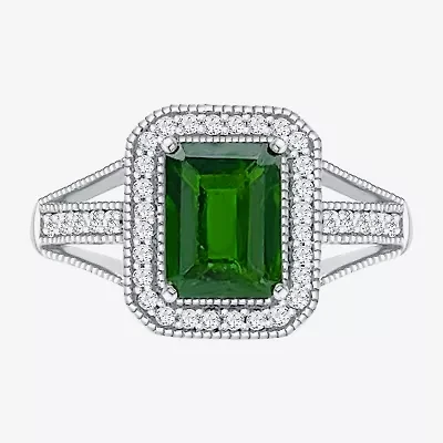 Limited Quantities! Womens Genuine Green Chrome Diopside Sterling Silver Halo Side Stone Cocktail Ring