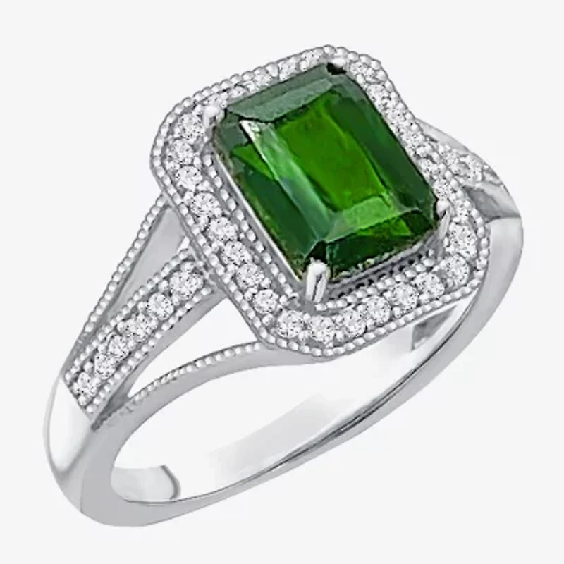 Limited Quantities! Womens Genuine Green Chrome Diopside Sterling Silver Halo Side Stone Cocktail Ring