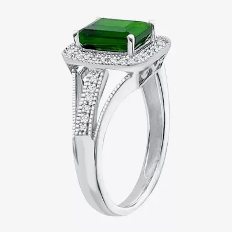 Limited Quantities! Womens Genuine Green Chrome Diopside Sterling Silver Halo Side Stone Cocktail Ring