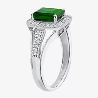 Limited Quantities! Womens Genuine Green Chrome Diopside Sterling Silver Halo Side Stone Cocktail Ring