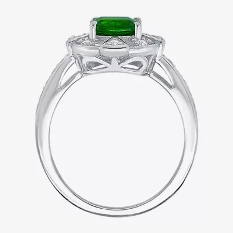 Limited Quantities! Womens Genuine Green Chrome Diopside Sterling Silver Halo Side Stone Cocktail Ring