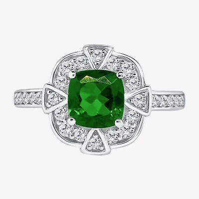 Limited Quantities! Womens Genuine Green Chrome Diopside Sterling Silver Halo Side Stone Cocktail Ring