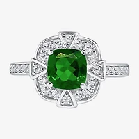 Limited Quantities! Womens Genuine Green Chrome Diopside Sterling Silver Halo Side Stone Cocktail Ring