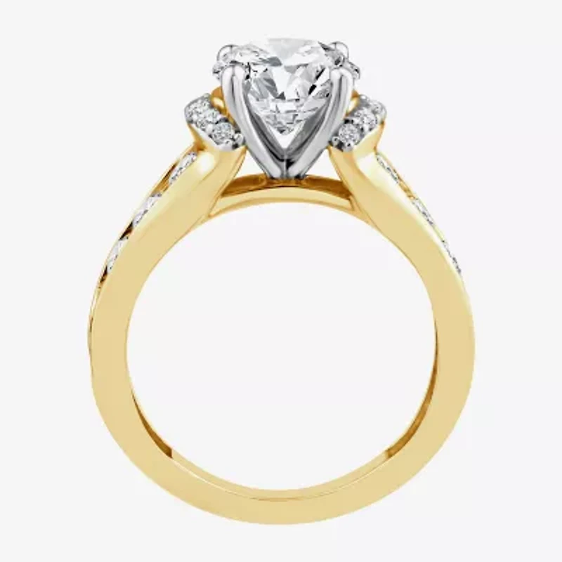 (F / Vs2) Womens 3 CT. T.W. Lab Grown White Diamond 14K Gold Round Side Stone Halo Engagement Ring