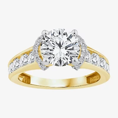 (F / Vs2) Womens 3 CT. T.W. Lab Grown White Diamond 14K Gold Round Side Stone Halo Engagement Ring
