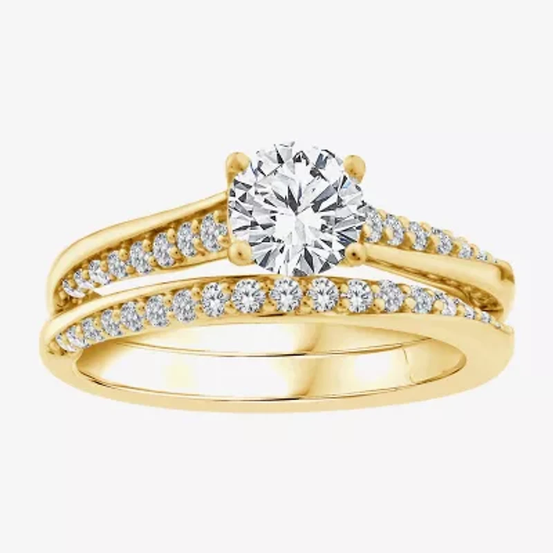 (F / Vs2) Womens 1 CT. T.W. Lab Grown White Diamond 10K Gold Round Side Stone Bridal Set