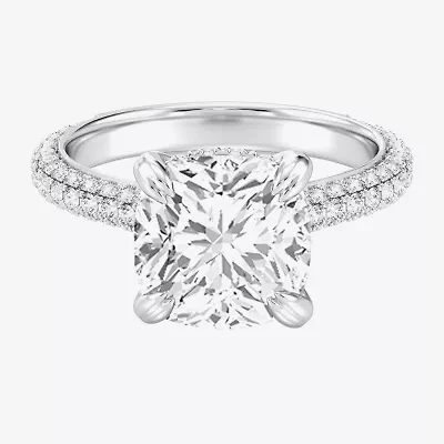 (G / Si2) Womens 5 CT. T.W. Lab Grown White Diamond 10K Gold Cushion Side Stone Engagement Ring