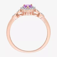 Womens Diamond Accent Genuine Purple Amethyst 18K Rose Gold Over Silver Heart Cocktail Ring