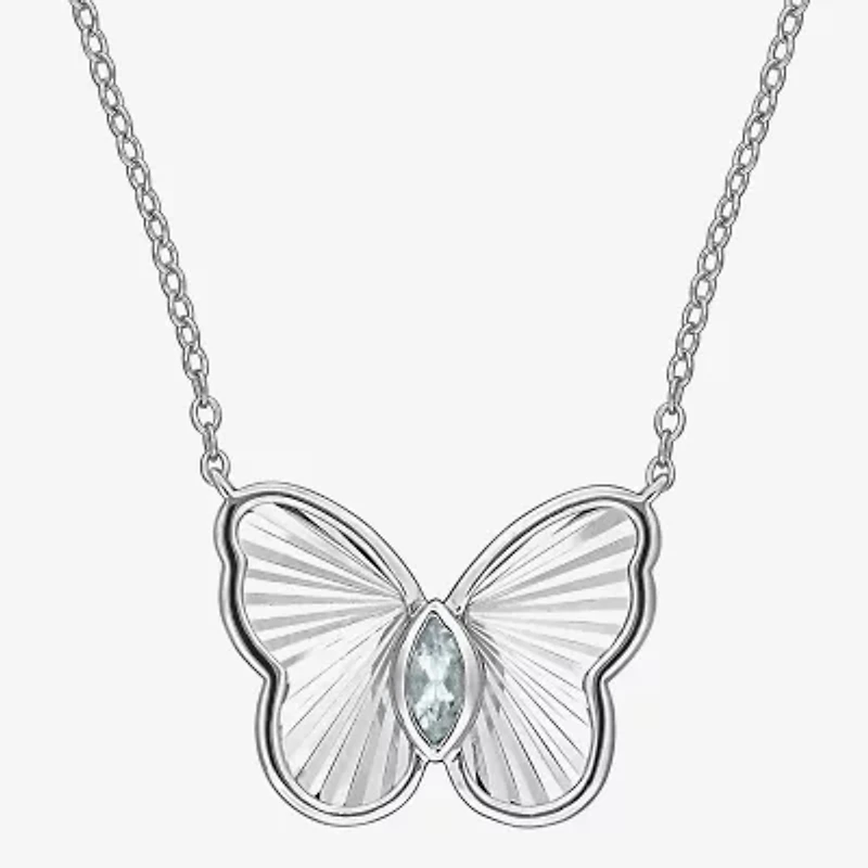 Womens Genuine Blue Aquamarine Sterling Silver Butterfly 17 Inch Pendant Necklace