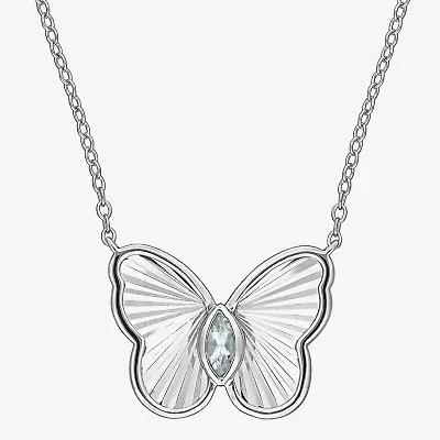 Womens Genuine Blue Aquamarine Sterling Silver Butterfly 17 Inch Pendant Necklace