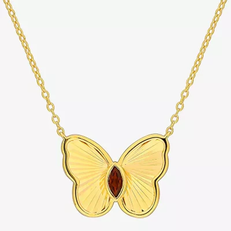 Womens Genuine Red Garnet 18K Gold Over Silver Butterfly 17 Inch Pendant Necklace