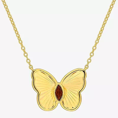 Womens Genuine Red Garnet 18K Gold Over Silver Butterfly 17 Inch Pendant Necklace