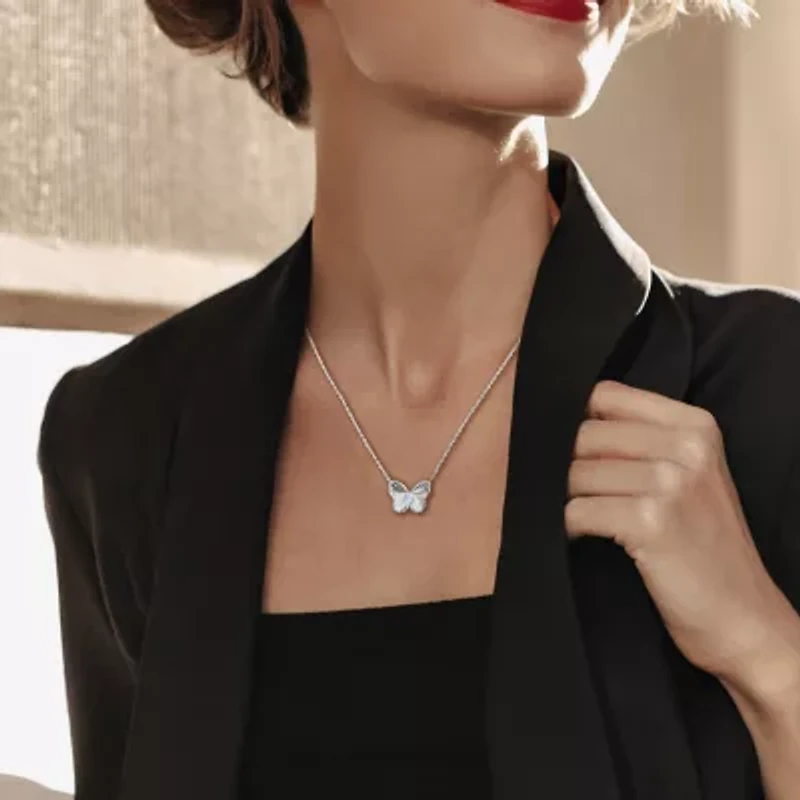 Womens Genuine Blue Topaz Sterling Silver Butterfly 17 Inch Pendant Necklace