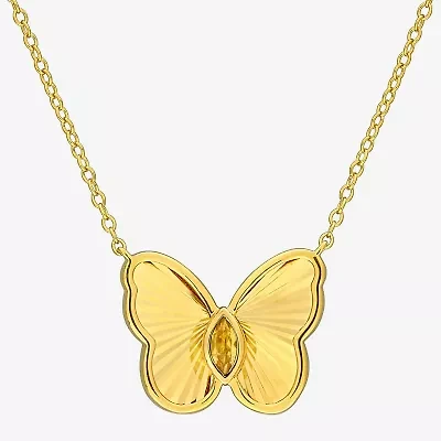 Womens Genuine Yellow Citrine 18K Gold Over Silver Butterfly 17 Inch Pendant Necklace