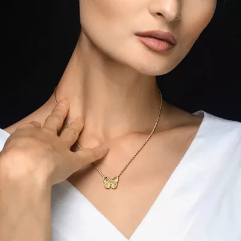 Womens Genuine Yellow Citrine 18K Gold Over Silver Butterfly 17 Inch Pendant Necklace