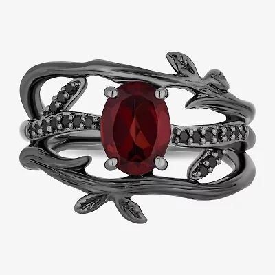 Enchanted Disney Fine Jewelry Womens 1/6 CT. T.W. Genuine Red Garnet Sterling Silver Oval Evil Queen Side Stone Cocktail Ring
