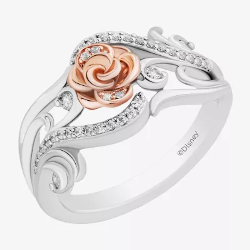 Enchanted Disney Fine Jewelry Womens 1/5 CT. Natural White Diamond 14K Rose Gold Over Silver Sterling Flower Beauty and the Beast Belle Princess Cocktail Ring