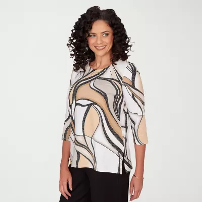 Alfred Dunner Seville Womens Crew Neck 3/4 Sleeve T-Shirt