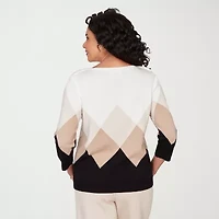 Alfred Dunner Seville Womens Boat Neck 3/4 Sleeve Argyle Pullover Sweater