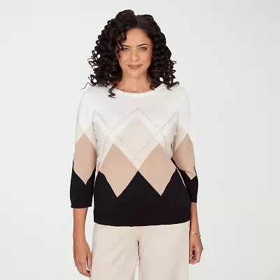 Alfred Dunner Seville Womens Boat Neck 3/4 Sleeve Argyle Pullover Sweater
