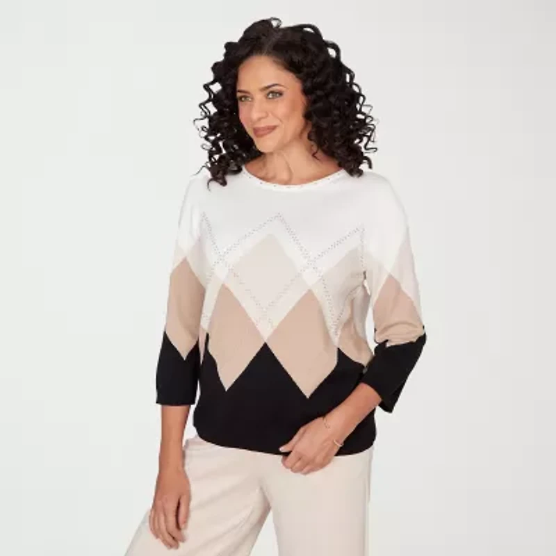 Alfred Dunner Seville Womens Boat Neck 3/4 Sleeve Argyle Pullover Sweater