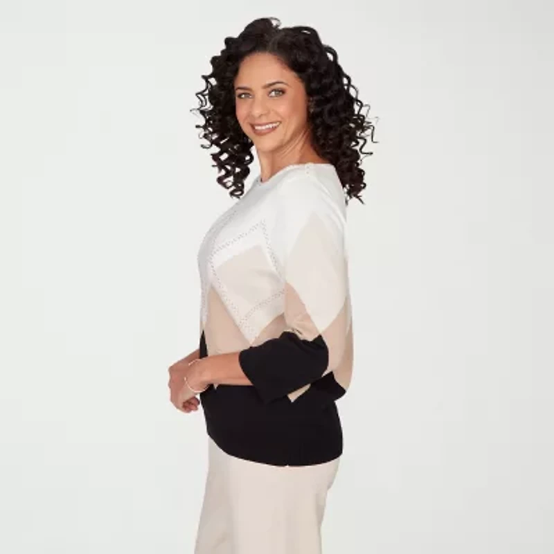 Alfred Dunner Seville Womens Boat Neck 3/4 Sleeve Argyle Pullover Sweater