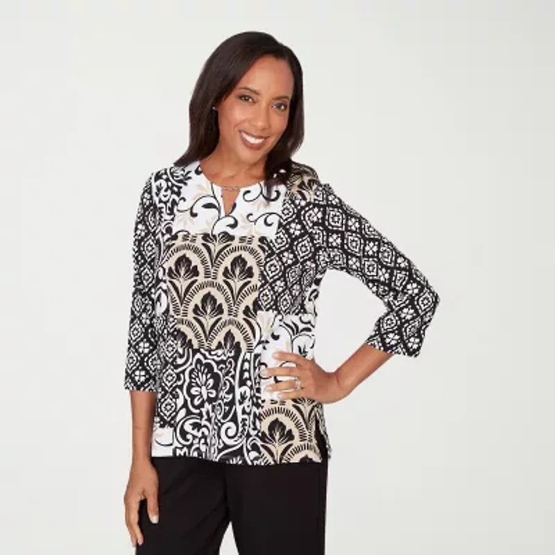 Alfred Dunner Classics Womens Split Tie Neck 3/4 Sleeve T-Shirt