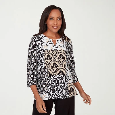 Alfred Dunner Classics Womens Split Tie Neck 3/4 Sleeve T-Shirt