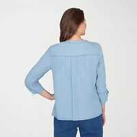 Alfred Dunner Austin Womens Y Neck 3/4 Sleeve Embroidered Blouse