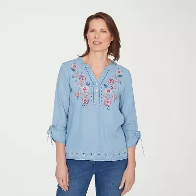 Alfred Dunner Austin Womens Y Neck 3/4 Sleeve Embroidered Blouse