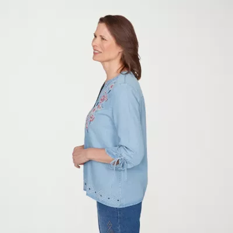 Alfred Dunner Austin Womens Y Neck 3/4 Sleeve Embroidered Blouse