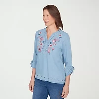 Alfred Dunner Austin Womens Y Neck 3/4 Sleeve Embroidered Blouse