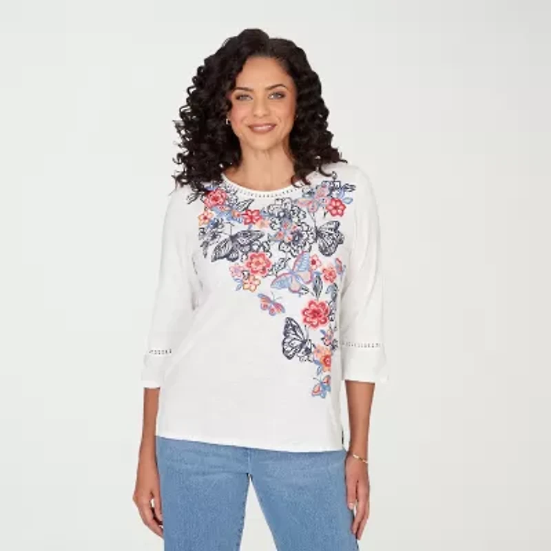 Alfred Dunner Austin Womens Round Neck 3/4 Sleeve T-Shirt