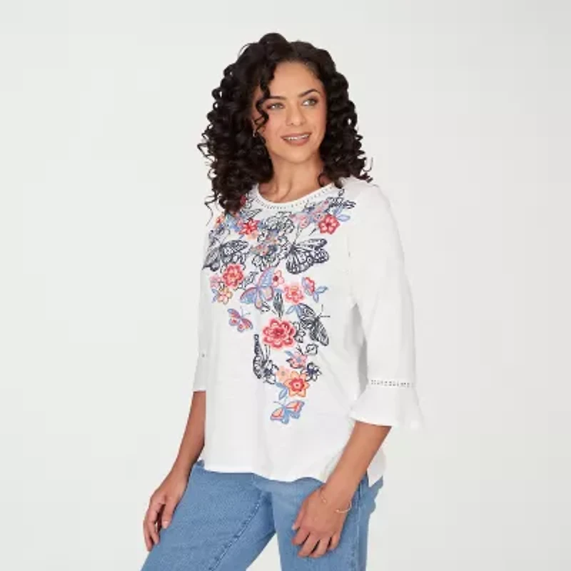 Alfred Dunner Austin Womens Round Neck 3/4 Sleeve T-Shirt