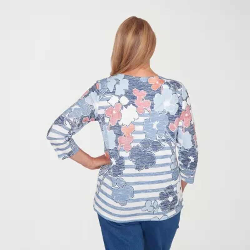 Alfred Dunner Austin Womens Split Crew Neck 3/4 Sleeve T-Shirt