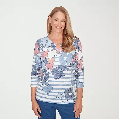 Alfred Dunner Austin Womens Split Crew Neck 3/4 Sleeve T-Shirt