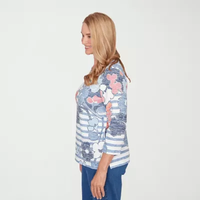 Alfred Dunner Austin Womens Split Crew Neck 3/4 Sleeve T-Shirt