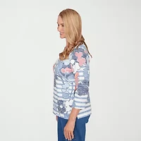 Alfred Dunner Austin Womens Split Crew Neck 3/4 Sleeve T-Shirt