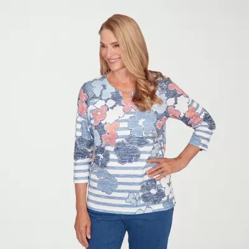 Alfred Dunner Austin Womens Split Crew Neck 3/4 Sleeve T-Shirt