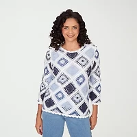 Alfred Dunner Austin Womens Crew Neck 3/4 Sleeve Geometric Pullover Sweater