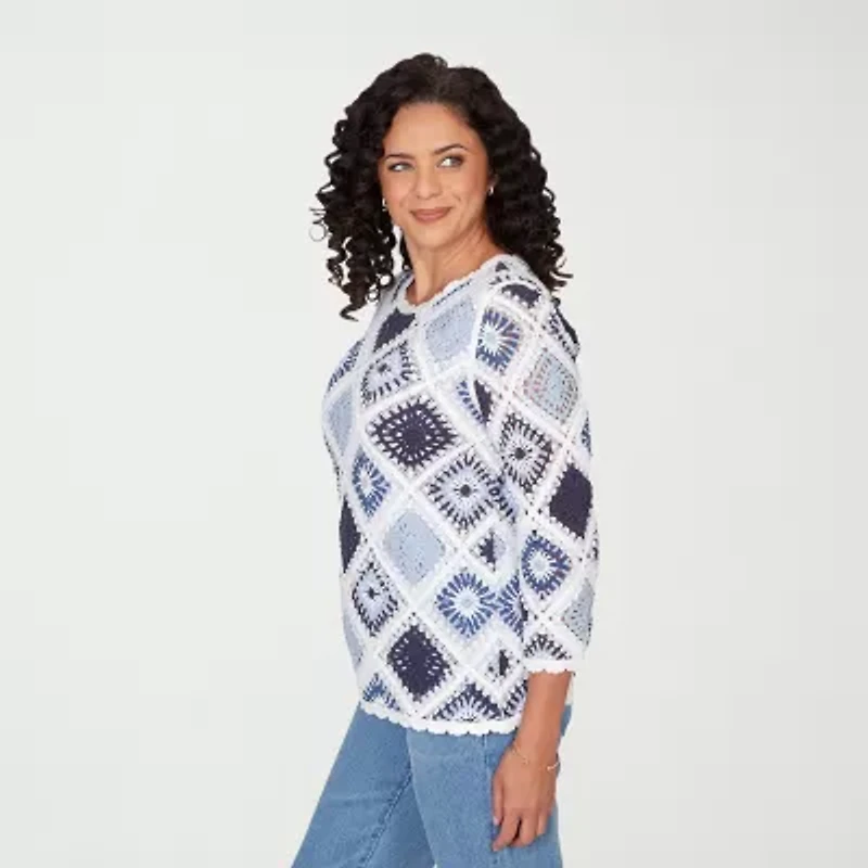 Alfred Dunner Austin Womens Crew Neck 3/4 Sleeve Geometric Pullover Sweater