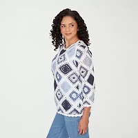 Alfred Dunner Austin Womens Crew Neck 3/4 Sleeve Geometric Pullover Sweater