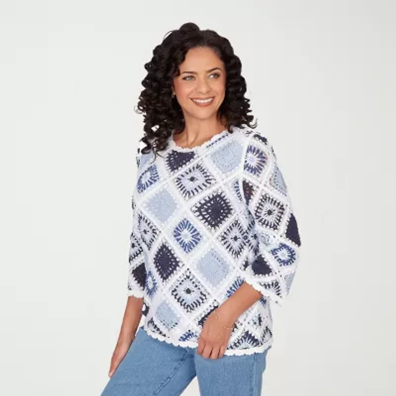 Alfred Dunner Austin Womens Crew Neck 3/4 Sleeve Geometric Pullover Sweater