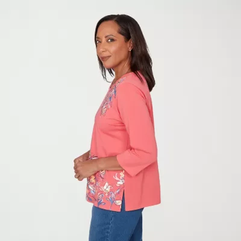 Alfred Dunner Austin Womens Round Neck 3/4 Sleeve T-Shirt