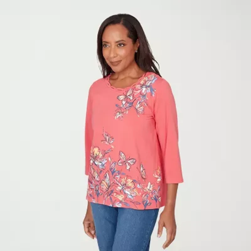 Alfred Dunner Austin Womens Round Neck 3/4 Sleeve T-Shirt