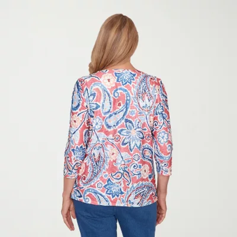 Alfred Dunner Austin Womens Round Neck 3/4 Sleeve T-Shirt