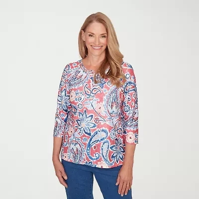 Alfred Dunner Austin Womens Round Neck 3/4 Sleeve T-Shirt