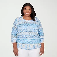 Alfred Dunner Classics Womens Plus Crew Neck 3/4 Sleeve T-Shirt