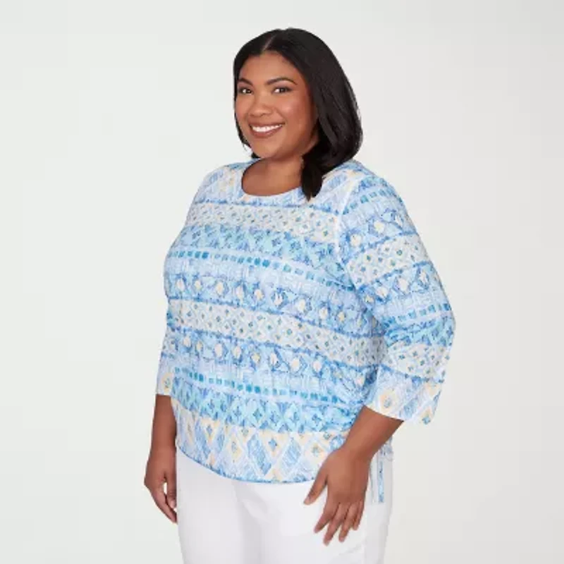 Alfred Dunner Classics Womens Plus Crew Neck 3/4 Sleeve T-Shirt