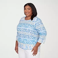 Alfred Dunner Classics Womens Plus Crew Neck 3/4 Sleeve T-Shirt